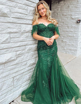 Dark Green Mermaid Sheath Long Corset Prom Dress With Appliqued