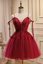 Burgundy A Line V Neck Tulle Homecoming Dress