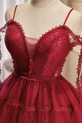 Burgundy A Line V Neck Tulle Homecoming Dress