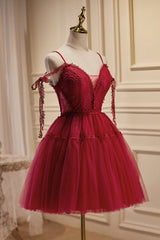 Burgundy A Line V Neck Tulle Homecoming Dress