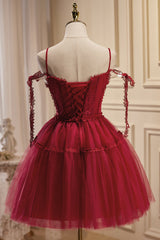 Burgundy A Line V Neck Tulle Homecoming Dress
