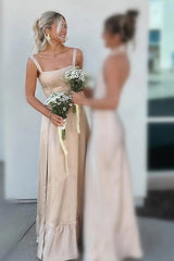 Champagne Lace Up A-Line Bridesmaid Dress with Slit