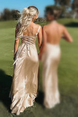 Champagne Lace Up A-Line Bridesmaid Dress with Slit