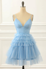 Light Blue A-Line Cute Short Homecoming Dress with Ruffles