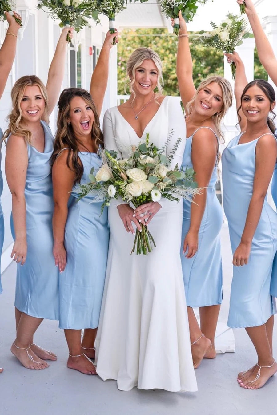 Light Blue Cowl Neck Straps Bridesmaid Dress, Calf-Length
