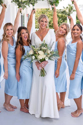 Light Blue Cowl Neck Straps Bridesmaid Dress, Calf-Length