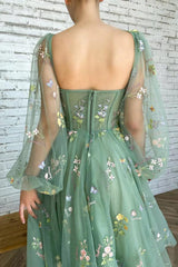 Light Green Embroidered Tulle Dress with Puffy Long Sleeves Evening Dress
