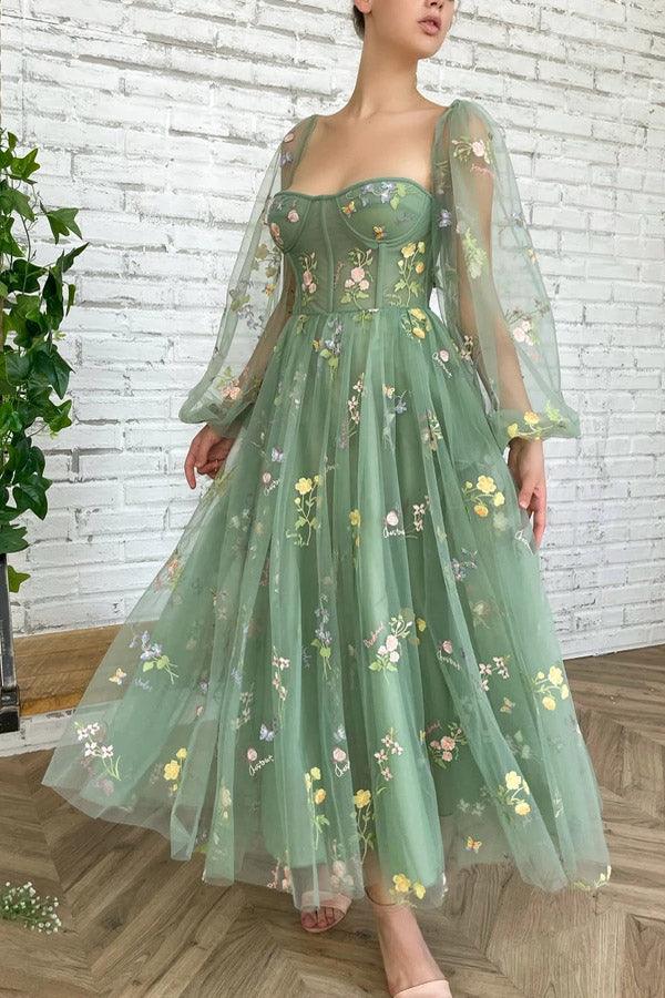 Light Green Embroidered Tulle Dress with Puffy Long Sleeves Evening Dress