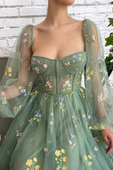 Light Green Embroidered Tulle Dress with Puffy Long Sleeves Evening Dress