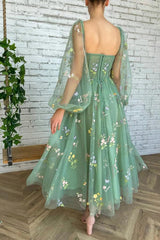 Light Green Embroidered Tulle Dress with Puffy Long Sleeves Evening Dress