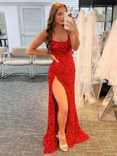 Mermaid Sheath Spaghetti Straps Long Sequins Prom Dress
