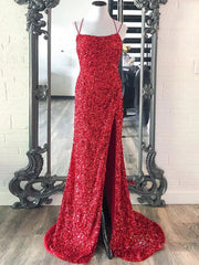 Mermaid Sheath Spaghetti Straps Long Sequins Prom Dress