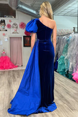 Royal Blue Velvet One-Shoulder Long Formal Dress with Attached Train