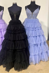 Black Beaded Spaghetti Strap Ruffle Ruched Ball Gown