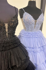 Black Beaded Spaghetti Strap Ruffle Ruched Ball Gown