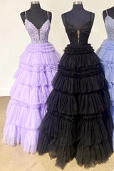 Black Beaded Spaghetti Strap Ruffle Ruched Ball Gown
