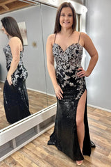 Black Sequin Appliqued Spaghetti Strap Long Prom Dress with Slit