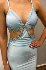 Light Blue V-Neck Cutout Rhinestone Mermaid Sheath Long Formal Dress