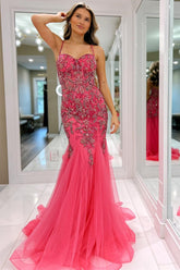 Cute Pink Beaded Spaghetti Strap Trumpet Long Gown