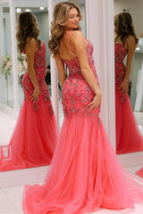 Cute Pink Beaded Spaghetti Strap Trumpet Long Gown