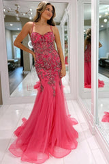 Cute Pink Beaded Spaghetti Strap Trumpet Long Gown