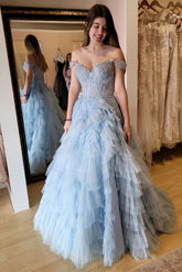 Light Blue Appliqued Off-the-Shoulder Ruffle Ruched Long Prom Dress