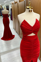 Red Strapless Twisted Knot Mermaid Sheath Long Formal Dress with Slit