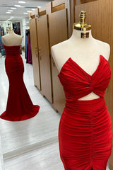 Red Strapless Twisted Knot Mermaid Sheath Long Formal Dress with Slit