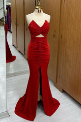 Red Strapless Twisted Knot Mermaid Sheath Long Formal Dress with Slit