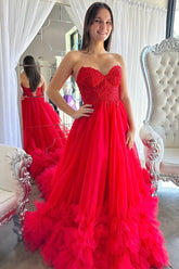 Red Tulle Appliqued Sweetheart Ruffle Long Prom Dress