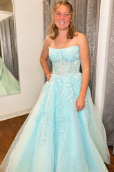 Blue Appliqued Strapless A-Line Long Prom Dress