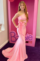 Cute Pink One-Shoulder Cutout Trumpet Long Prom Dress