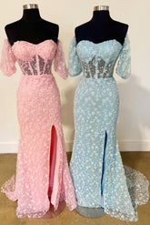 Cute Pink 3D Floral Lace Sweetheart Mermaid Sheath Long Prom Dress with Slit