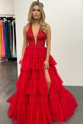 Red Tulle Appliqued Halter Ruffle Ruched Ball Gown