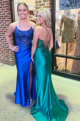 Royal Blue Appliqued Scoop Neck Mermaid Sheath Long Formal Dress