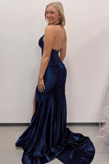 Navy Halter Mermaid Sheath Long Formal Dress with Slit