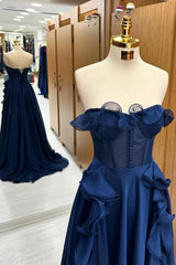 Navy Blue Corset Ruffle Maxi Dress