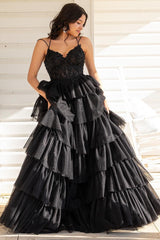 Ruched Ruffle Appliqued Corset Long Prom Dress with Spaghetti Straps