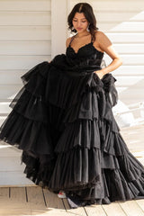 Ruched Ruffle Appliqued Corset Long Prom Dress with Spaghetti Straps