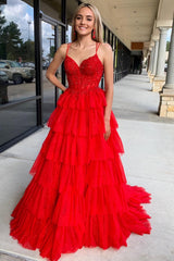Ruched Ruffle Appliqued Corset Long Prom Dress with Spaghetti Straps