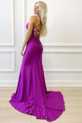 Purple V-Neck Lace-Up Mermaid Sheath Long Formal Dress