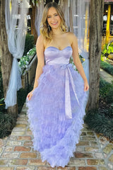 Lavender Sweetheart Bow Belt Ruffle Maxi Dress