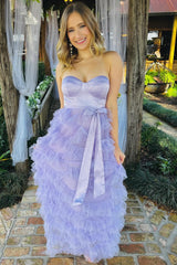 Lavender Sweetheart Bow Belt Ruffle Maxi Dress
