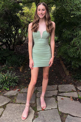 Sage Green Notched Ruched Mini Homecoming Dress