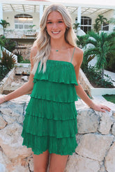 Green Spaghetti Strap Ruffle Ruched Pleated Party Dress