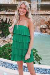 Green Spaghetti Strap Ruffle Ruched Pleated Party Dress