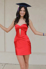 Red Strapless Keyhole Ruched Satin Bodycorn Short Homecoming Dress