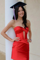 Red Strapless Keyhole Ruched Satin Bodycorn Short Homecoming Dress