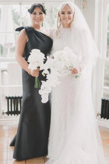 Black Mermaid One-Shoulder Bridesmaid Dress, Bow Strap