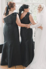 Black Mermaid One-Shoulder Bridesmaid Dress, Bow Strap